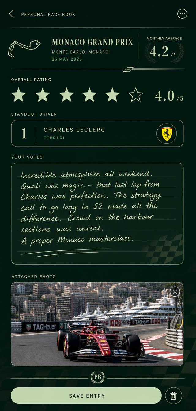 LineBite personal race book note with rating and photo